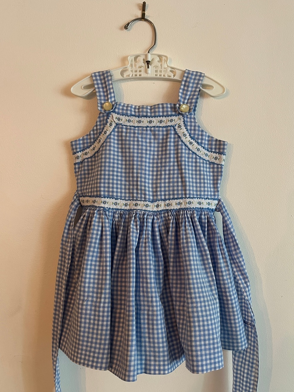 Vintage Blue Gingham Handmade Pinafore Dress with Floral Trim